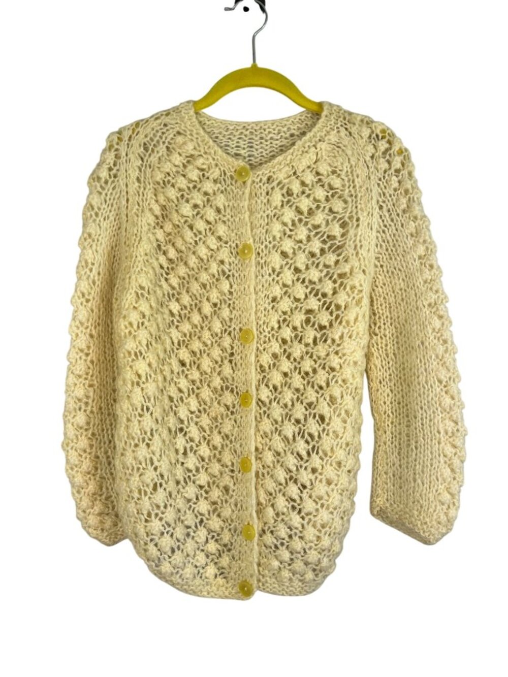 Handmade Chunky Knit Sweater S Yellow Floral Boho Indie Retro Mod Artsy 1980s